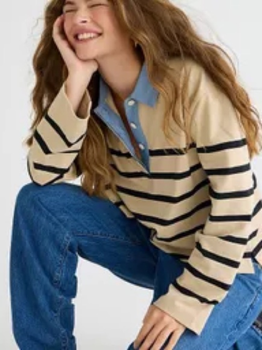 J. Crew Beige and Black Striped Rugby with Chambray Collar